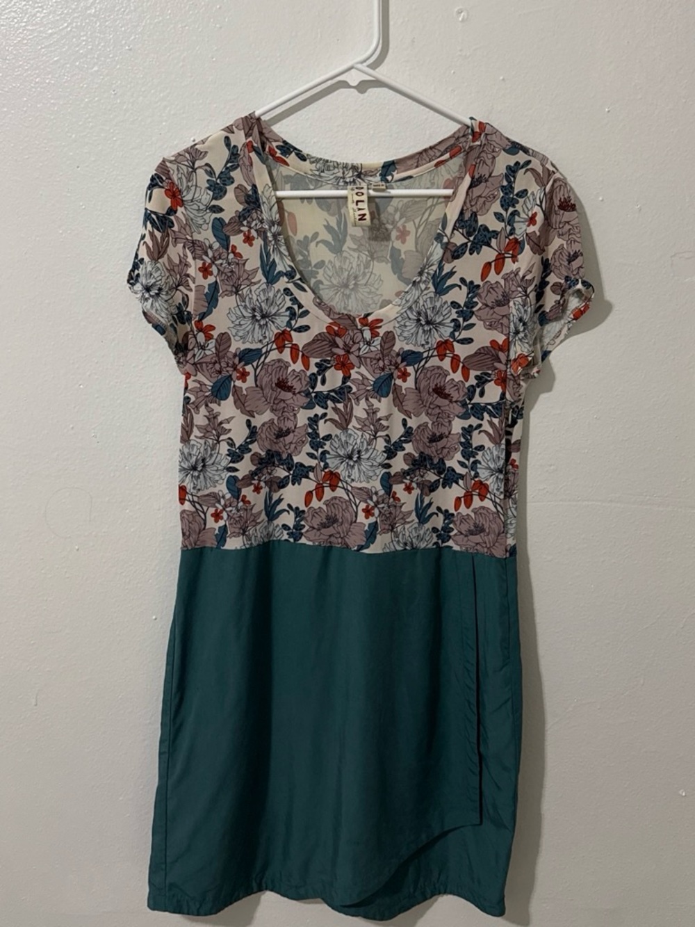 Floral Print V-Neck Colorblock Women's dress - Teal and Multi